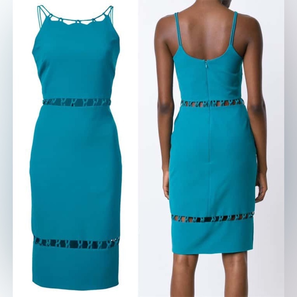nicole miller cut out dress size 4 Teal Blue Green Knee Length Detail Cocktail Size:V Custom Ivory Vintage Off-the-shoulder SAPG::767 Surplice Midi Dress In